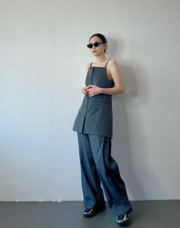 Grey Longline Button Up Top #250343